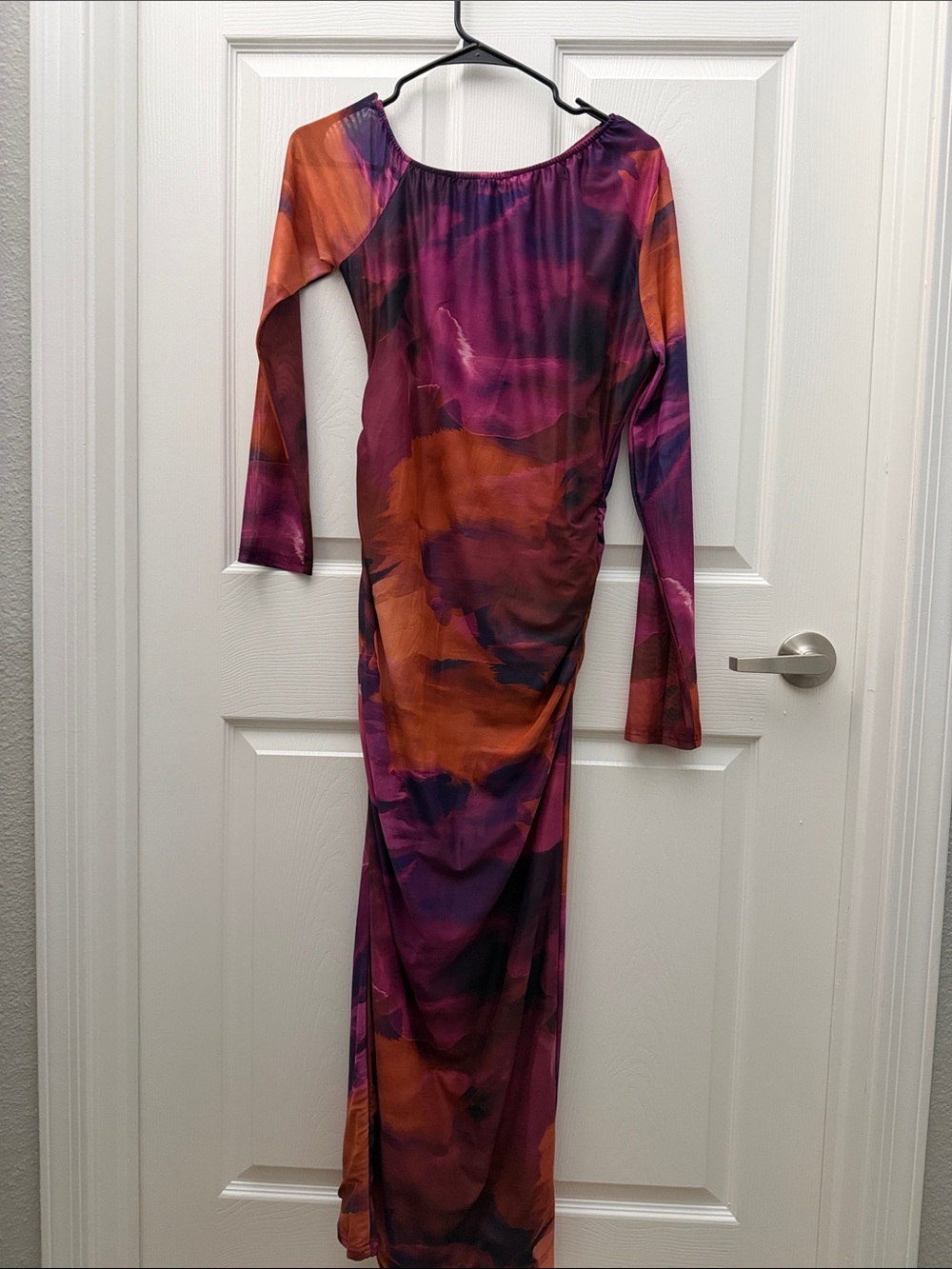 Long Sleeve Abstract Print Maxi Dress in Purple & Orange